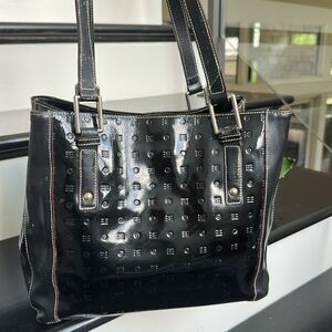 Arcadia Genuine Patent Leather Shoulder Tote Handbag Embossed Logo Red Trim